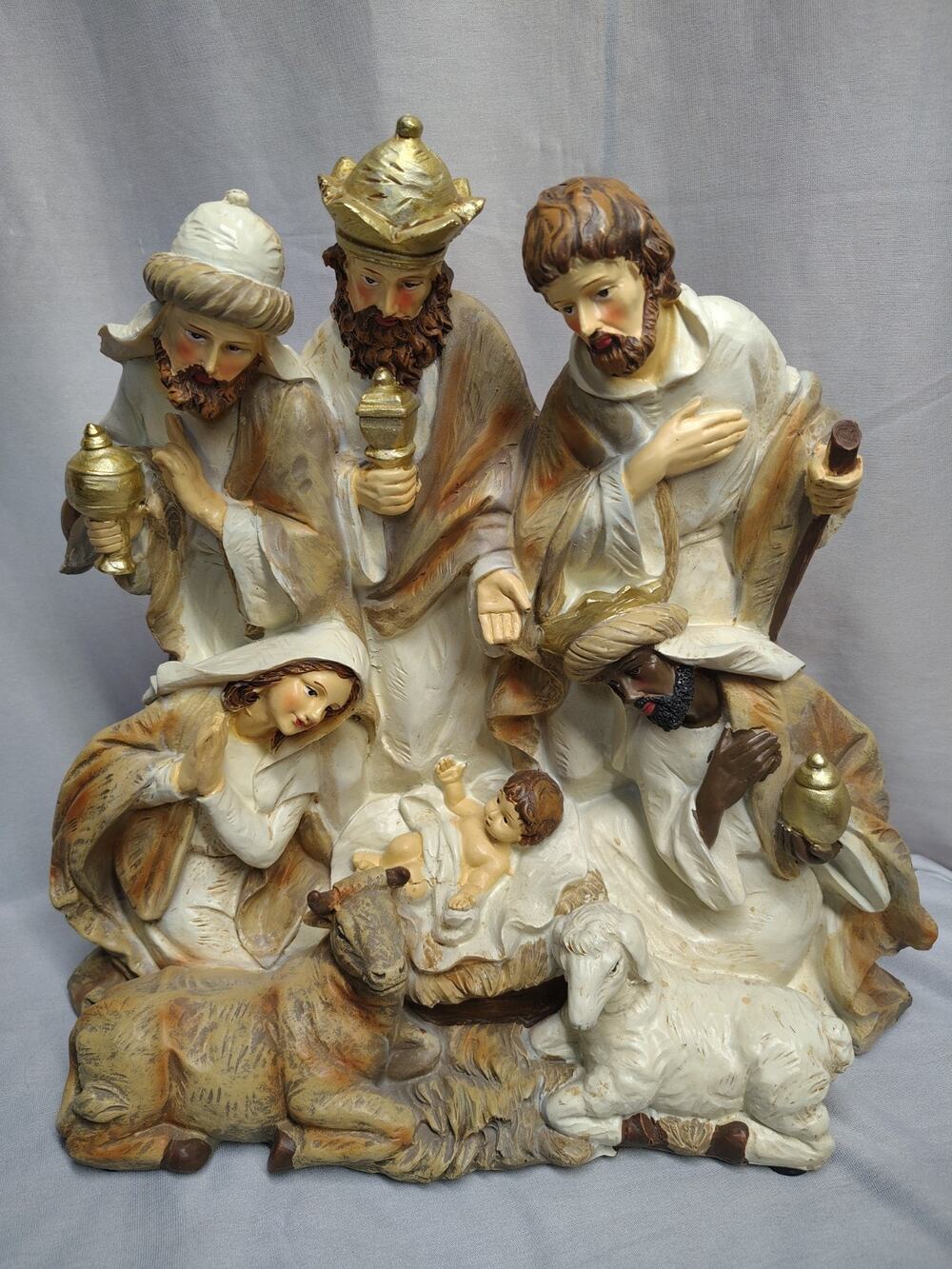 Vintage Large Holy Family Christmas Nativity Scene Set Wrapped In Resin